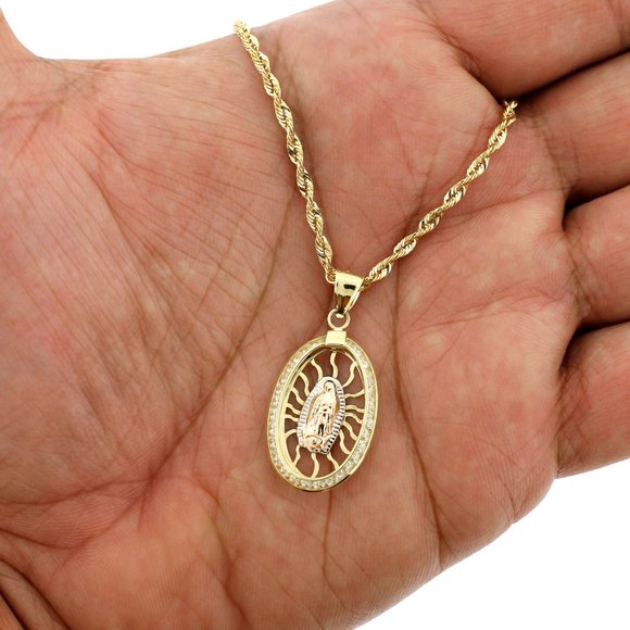 10K Real Gold Rope Chain and Virgin Mary Pendant Set - Picture 2 of 11